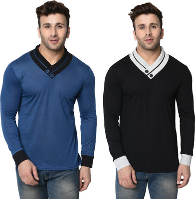 Adorbs Trend Colorblock Men Shawl Neck Dark Blue, Black T-Shirt