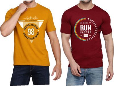 WOOSTRO Printed Men Round Neck Brown, Maroon T-Shirt