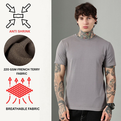 Own The Look Solid Men Round Neck Grey T-Shirt