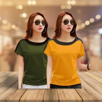 RYTE STYLE Striped, Solid Women Boat Neck Yellow, Green T-Shirt