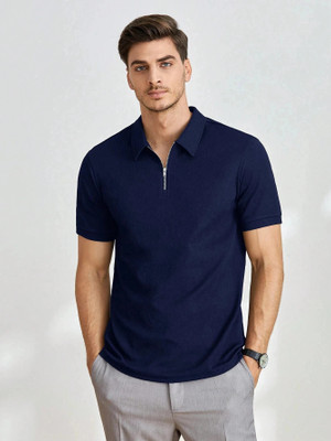METRONAUT Solid Men Zip Neck Navy Blue T-Shirt