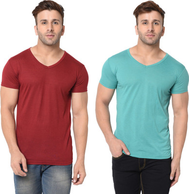 Tresna Trending Solid Men V Neck Maroon, Light Green T-Shirt
