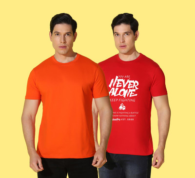 WOOSTRO Printed Men Round Neck Orange, Red T-Shirt