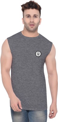 Lawful Casual Solid, Printed Men Round Neck Grey T-Shirt