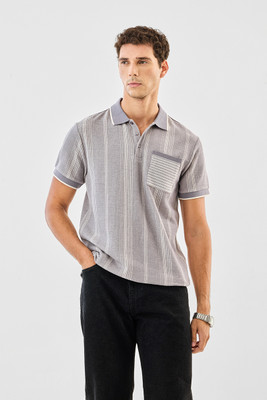 Snitch Self Design, Striped Men Polo Neck Grey T-Shirt