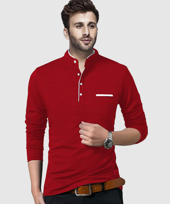 Adorbs Solid Men Mandarin Collar Red T-Shirt