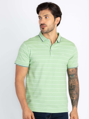 Status Quo Striped Men Polo Neck Green T-Shirt