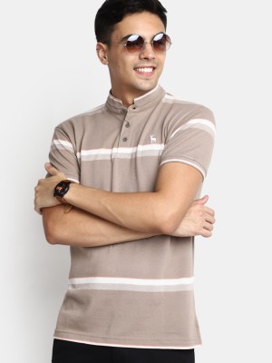 V-MART Striped Men Polo Neck Beige T-Shirt