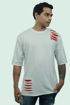 R World Solid, Self Design Men Round Neck White T-Shirt