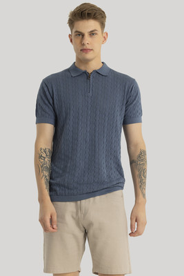 Snitch Self Design Men Polo Neck Grey T-Shirt
