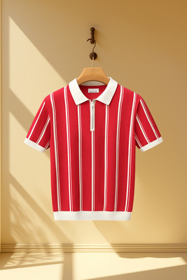 NB NICKY BOY Striped Men Zip Neck Red T-Shirt