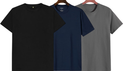TTFE Solid Men Round Neck Black, Navy Blue, Grey T-Shirt