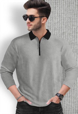 Lieo Trend Self Design Men Zip Neck Grey T-Shirt