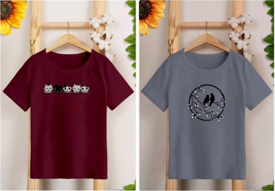 SwegBee Printed Women Round Neck Maroon, Grey T-Shirt