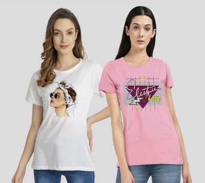 METRONAUT Printed Women Round Neck White, Pink T-Shirt