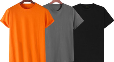 TTFE Solid Men Round Neck Orange, Grey, Black T-Shirt