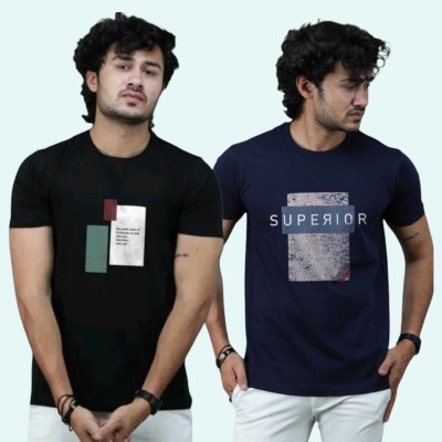 MAYUR CLOTHING Graphic Print Men Round Neck Navy Blue, Black T-Shirt