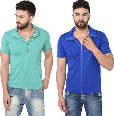JB Jangoboy Solid Men Polo Neck Dark Blue, Light Green T-Shirt