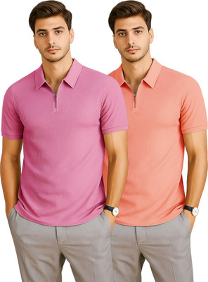 RMLKN Self Design Men Zip Neck Pink, Multicolor T-Shirt