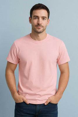 HANVIK Solid Men Round Neck Pink T-Shirt