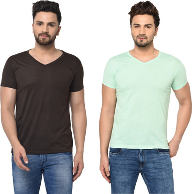 Tresna Fab Solid Men V Neck Light Green, Black T-Shirt