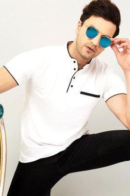GESPO Solid Men Mandarin Collar White T-Shirt