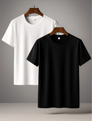 Faith Urban Solid Men Round Neck Black, White T-Shirt