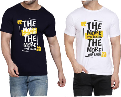 WOOSTRO Printed Men Round Neck Dark Blue, White T-Shirt