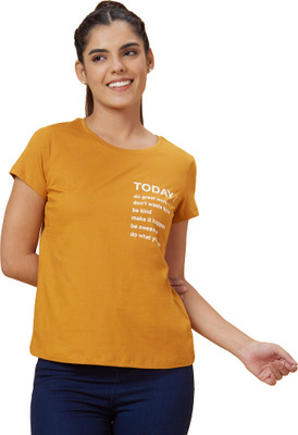 Globus Printed Women Round Neck Yellow T-Shirt
