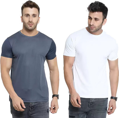 RIVAAZ Collections Solid Men Round Neck Grey, White T-Shirt