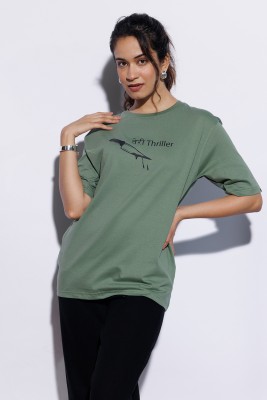 MANIAC Printed Women Round Neck Green T-Shirt