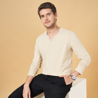 Urban Ranger by Pantaloos Striped Men Henley Neck Beige T-Shirt