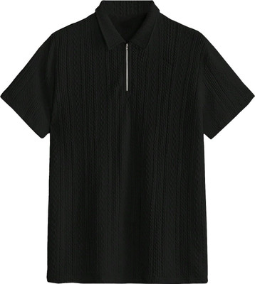 RIDHUDEE Solid Men Polo Neck Black T-Shirt