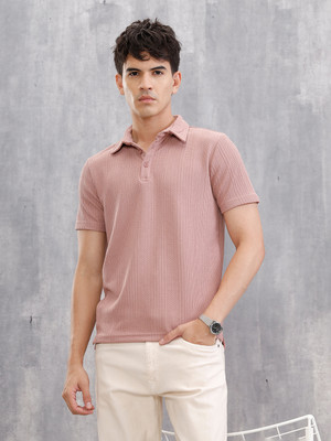 WROGN Self Design Men Polo Neck Pink T-Shirt