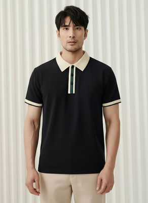 Wisetie Solid Men Polo Neck Black T-Shirt