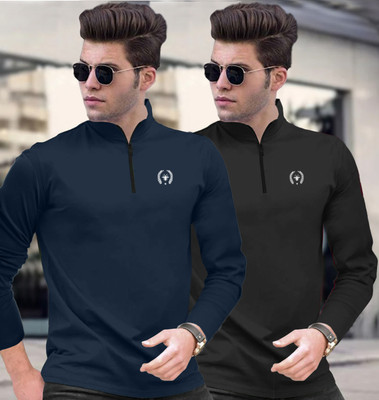 FastColors Solid Men Zip Neck Dark Blue, Black T-Shirt