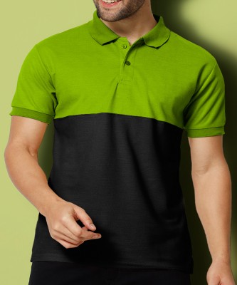 FOXTER Solid Men Polo Neck Black, Green T-Shirt