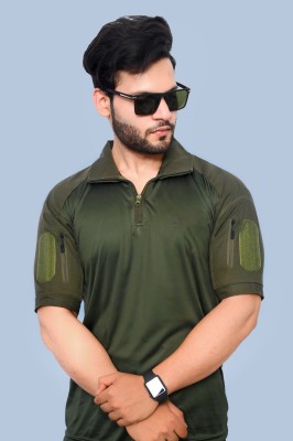 ONEBIT Solid Men Polo Neck Dark Green T-Shirt