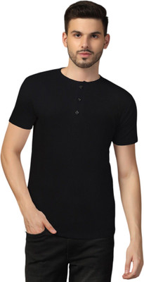 GEUM Solid Men Henley Neck Black T-Shirt