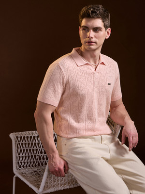 THE BEAR HOUSE Self Design Men Polo Neck Pink T-Shirt