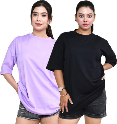 altius Solid Women Round Neck Purple, Black T-Shirt