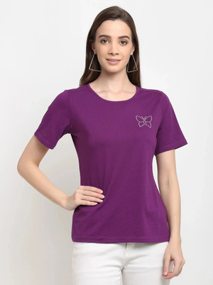 BRINNS Solid Women Round Neck Purple T-Shirt