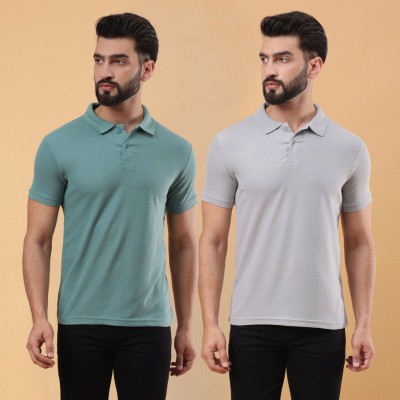 We Perfect Solid Men Polo Neck Green, Grey T-Shirt