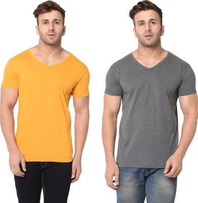 Tresna Trending Solid Men V Neck Grey, Yellow T-Shirt