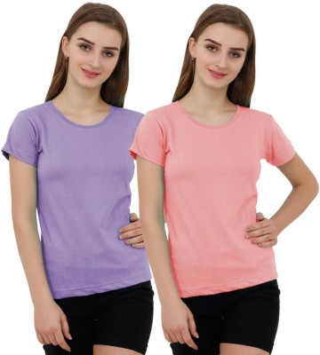 Reifica Solid Women Round Neck Purple, Pink T-Shirt