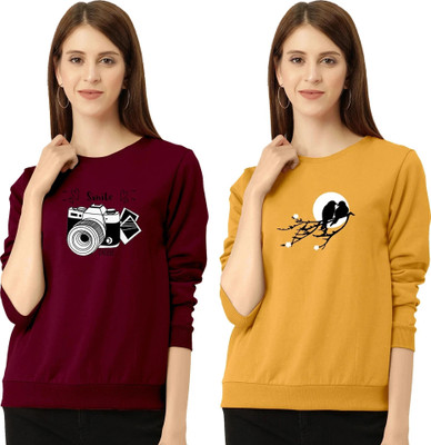 ZentWorld Printed Women Round Neck Maroon, Yellow T-Shirt