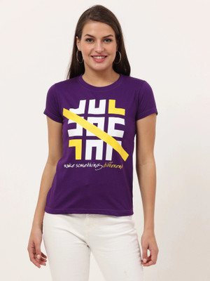FEDAMSEL Printed, Typography Women Round Neck Purple T-Shirt