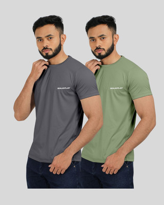 INDICLUB Solid Men Round Neck Grey, Green T-Shirt