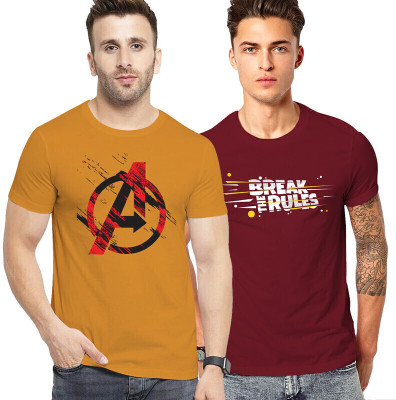 FADMARK Printed Men Round Neck Maroon, Yellow T-Shirt