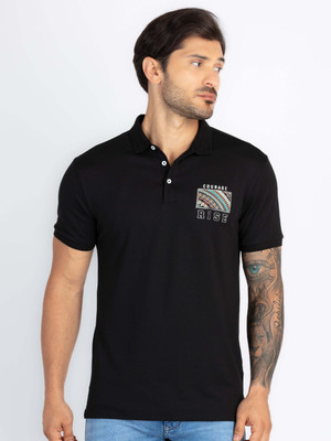 Status Quo Printed, Typography Men Polo Neck Black T-Shirt